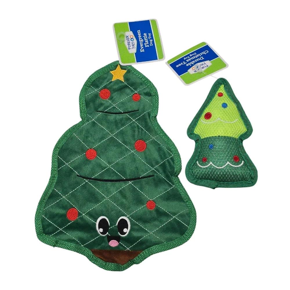NWT Dog Toy Set 2 Green Christmas Trees Holiday Pet Toys Crinkle Squeaky Flattie